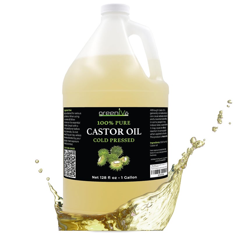GreenIVe Castor Oil Organically Grown 100% Pure 128oz (1 Gallon) Bottle Cold Pressed, Hexane Free, Eyelash and Eybrow Growth Serum, Skin Moisturizer Detox and Wraps - Image 1